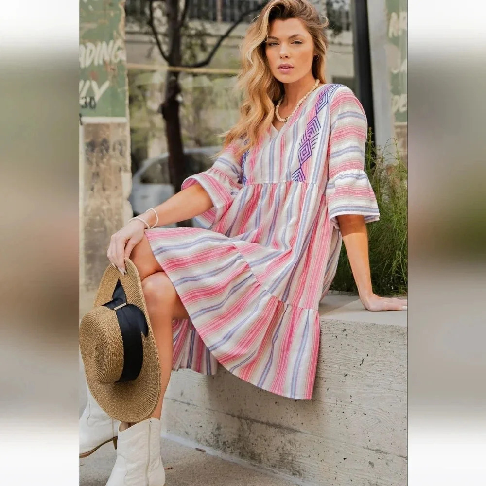New Easel Pink Striped Poly Linen Ruffle Bottom Dress - Picture 2 of 5